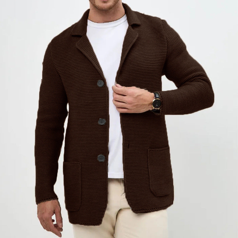 Men Lapel Knit Cardigan Sweater Slim Fit Winter Long Sleeve