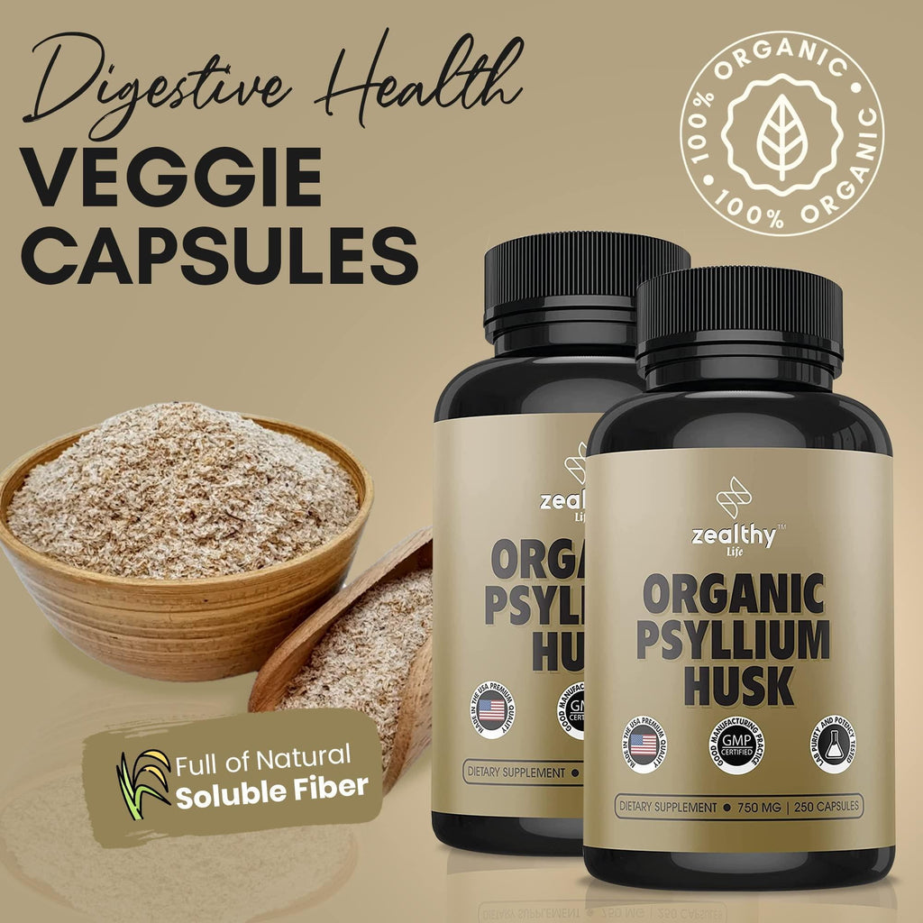 Zealthy Life   Psyllium Husk Capsules All Natural Psyllium Husk Fiber Psyllium Husk Capsule for Gut Health Non GMO & Gluten Free 250 Vegan Capsules   Pack of 2