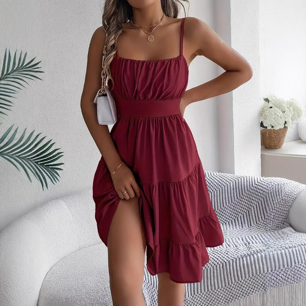 Womens Sleeveless Square Neck Pleated Dress