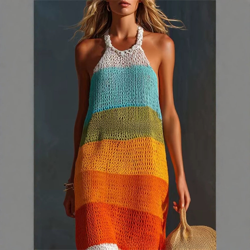 Wide-striped patchwork round-neck sleeveless knitted fitted long dress
