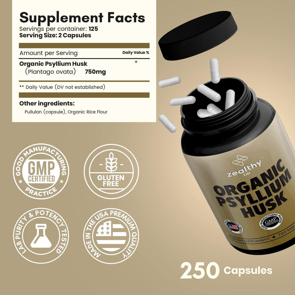 Zealthy Life   Psyllium Husk Capsules All Natural Psyllium Husk Fiber Psyllium Husk Capsule for Gut Health Non GMO & Gluten Free 250 Vegan Capsules   Pack of 2