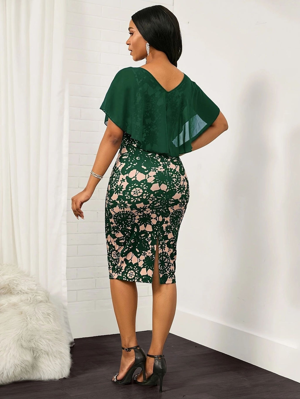 Floral Print V-Neck Chiffon Dress with Back Slit