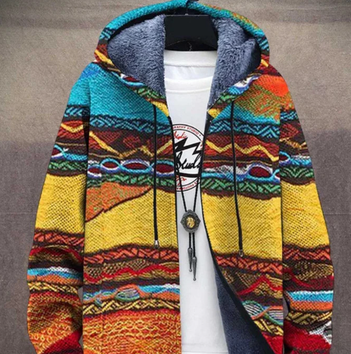 Mens Digital Printing Fleece-Lined Hooded Coat