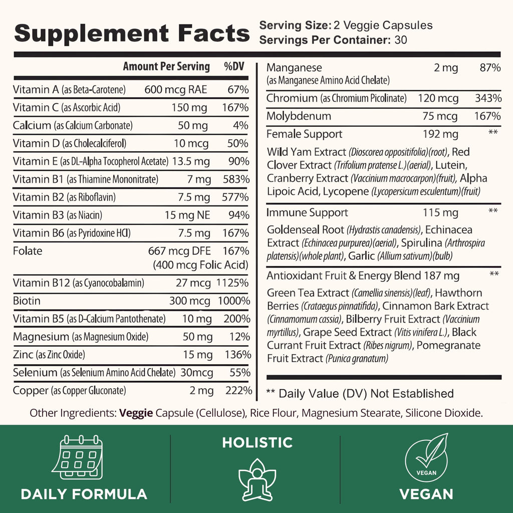 Black Queen Women's Wellness Formula with 37 Active Ingredients   Daily Multivitamin for Women Hormone Balance Energy Vitamins for Women Biotin Supplement for Hair Skin and Nails Vitamins