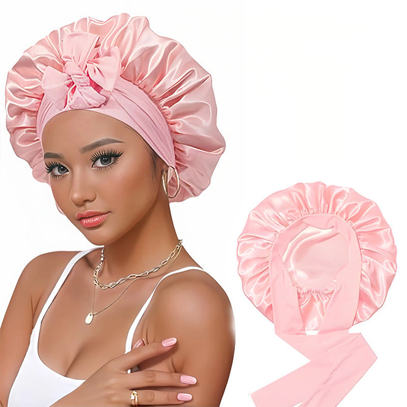 Double-Layer Satin Sleep Cap with Ribbon