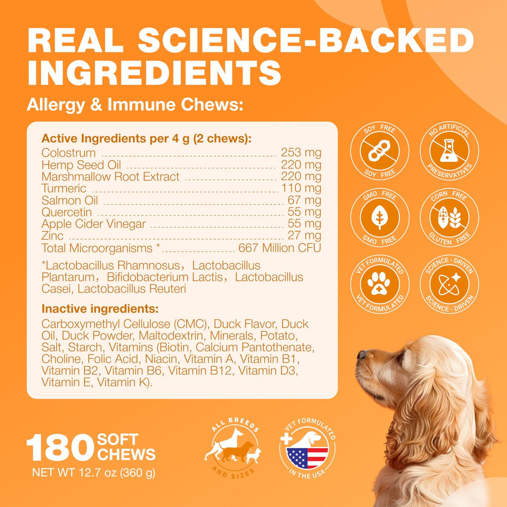 Dog Allergy Relief Chews  Itch Relief for Dogs  180 Allergy Chews for Itching Skin with Probiotics, Colostrum, Salmon Oil  Allergy, Skin and Coat, Immune, Digestion Support Supplement  Hot Spots