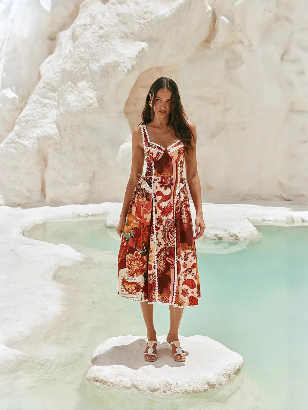 Hemp Blend Patchwork Dress with Spaghetti Straps