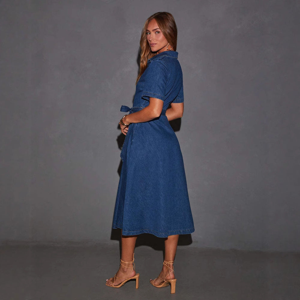 Retro V-Neck Strappy Denim Long Dress