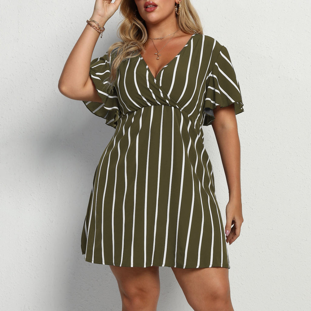 Womens Bohemian Striped V-Neck Short Sleeve Dress