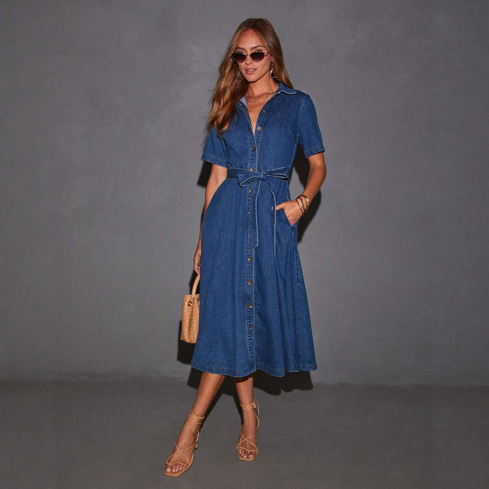 Retro V-Neck Strappy Denim Long Dress