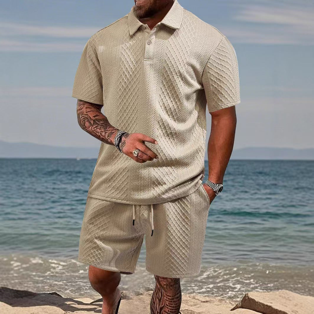 Mens Jacquard Lapel Polo Shirt Shorts Set