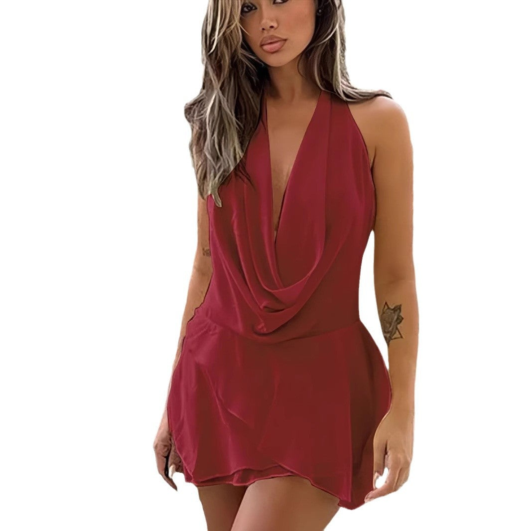 chiffon neck deep V low collar dress