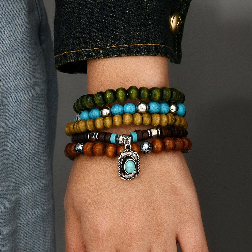 Bohemian Coconut Shell Wood Beads Turquoise Bracelet Set