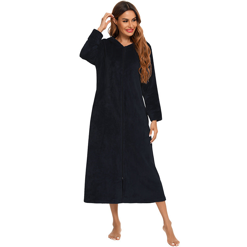 Flannel Pajamas New Long-Sleeved Zipper Nightgown Home Clothes