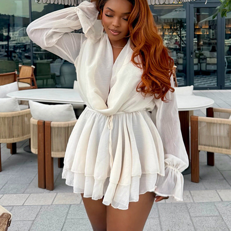 Chiffon Bell Sleeve Dress with Layered Collar