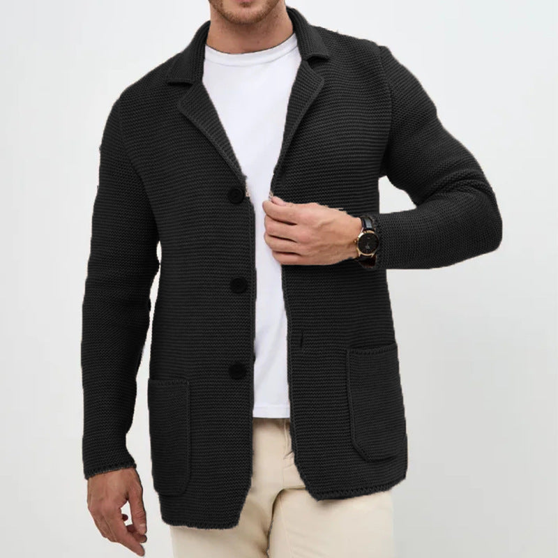 Men Lapel Knit Cardigan Sweater Slim Fit Winter Long Sleeve