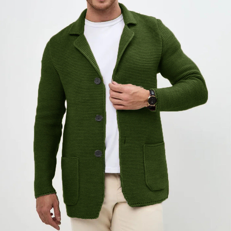 Men Lapel Knit Cardigan Sweater Slim Fit Winter Long Sleeve