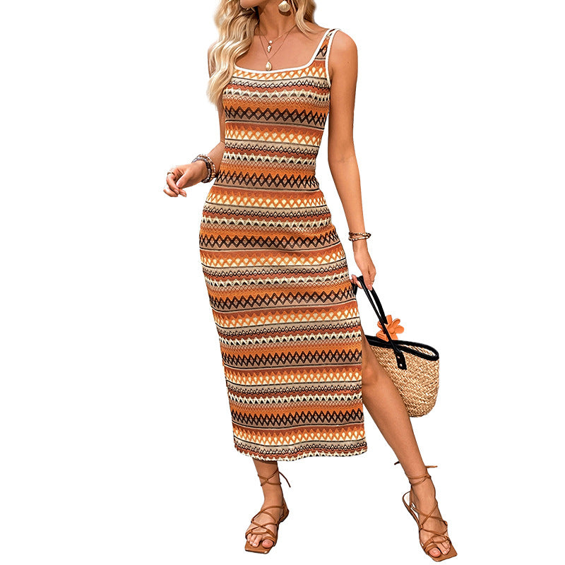 Womens Square Neck Jacquard Slip Dress