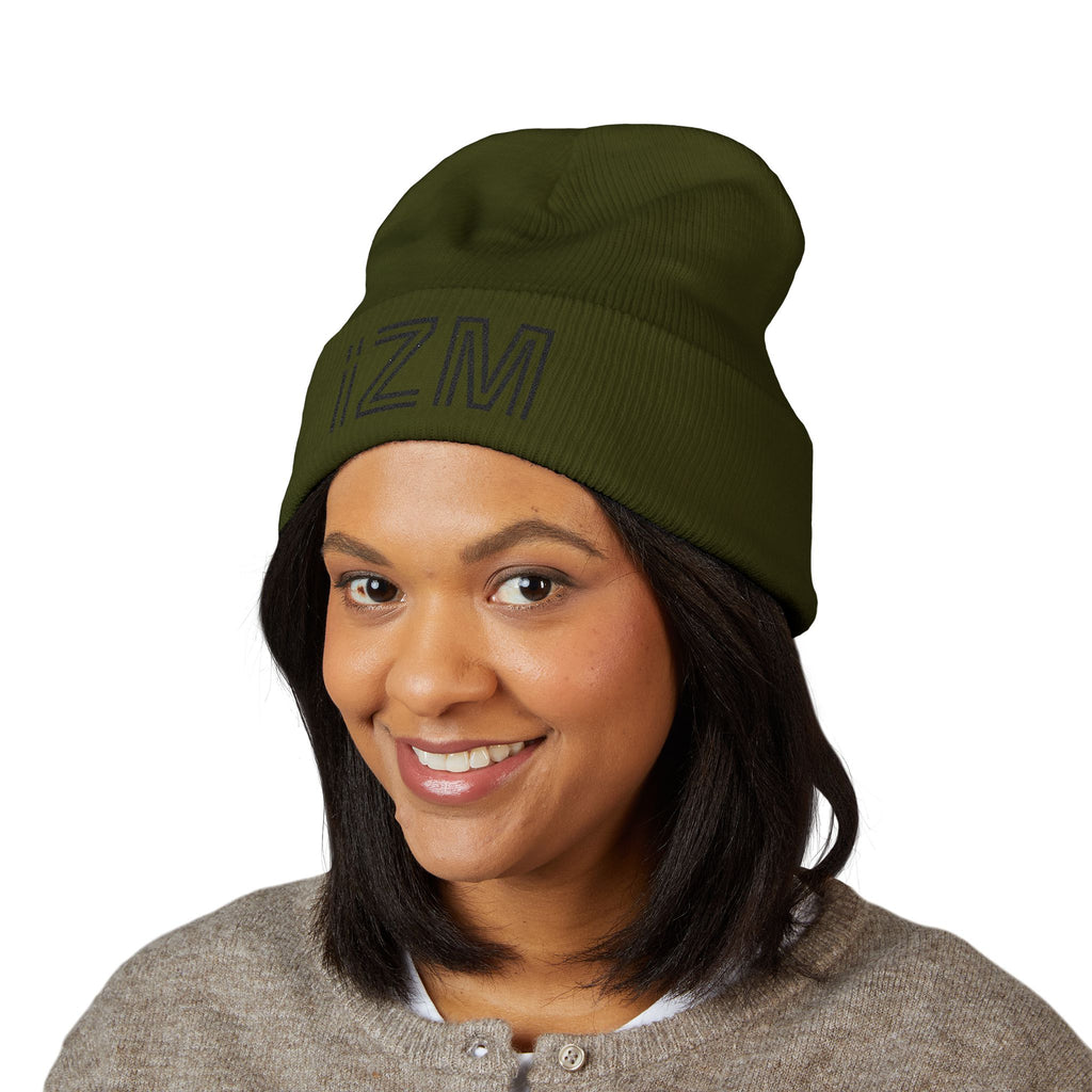 Embroidered "iZM" Cuffed Beanie — Classic Knit Winter Hat