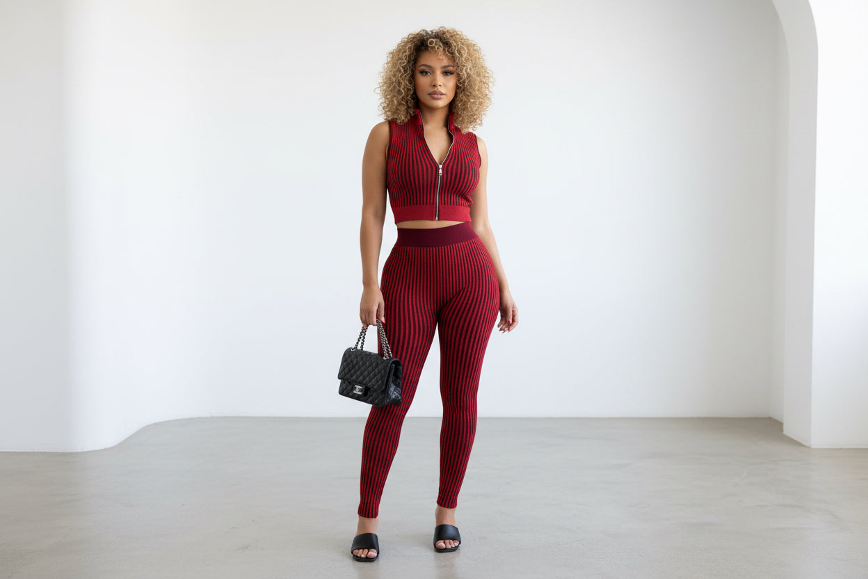 Red Ribbed Pants & Crop Top