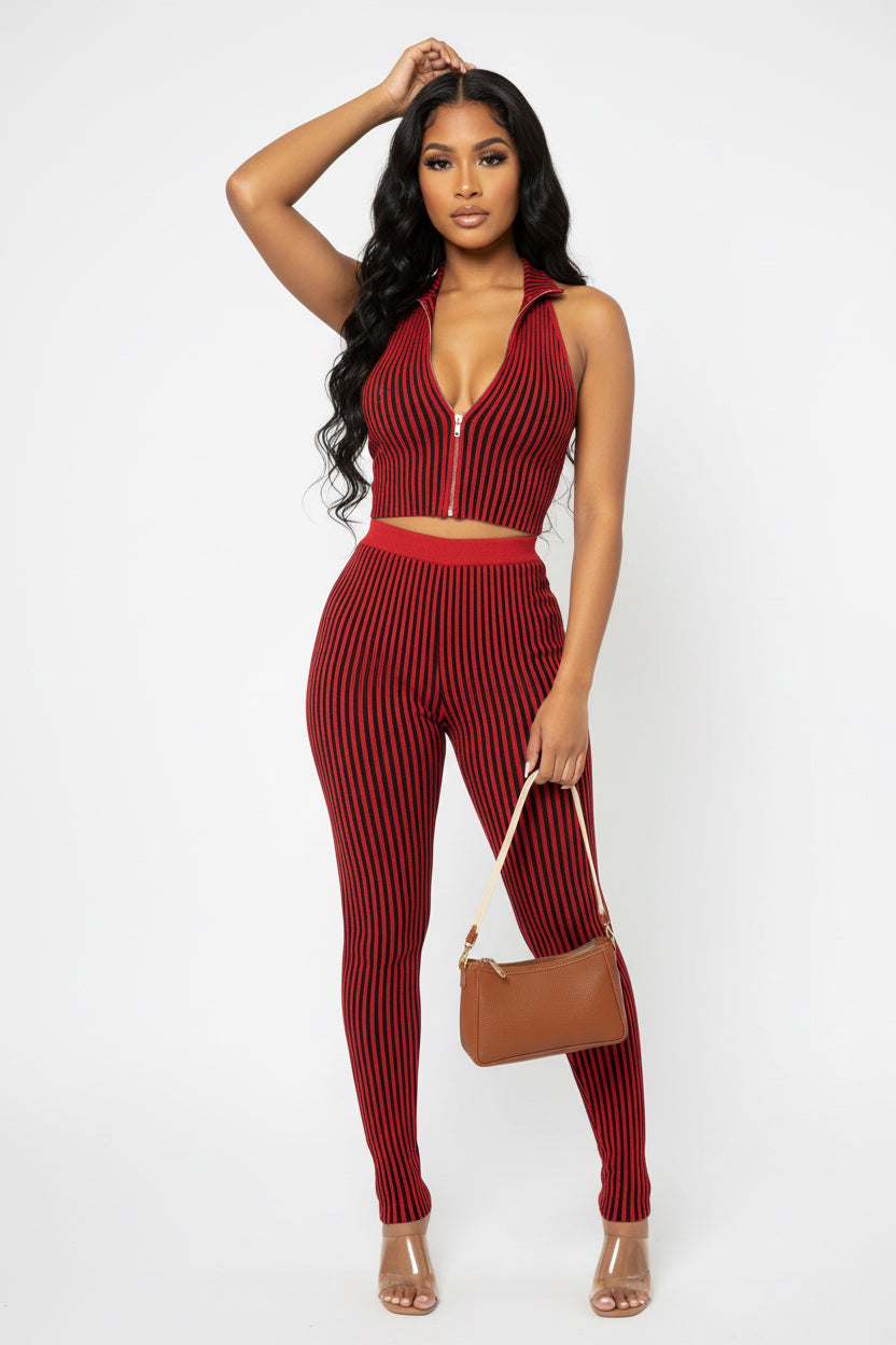 Red Ribbed Pants & Crop Top