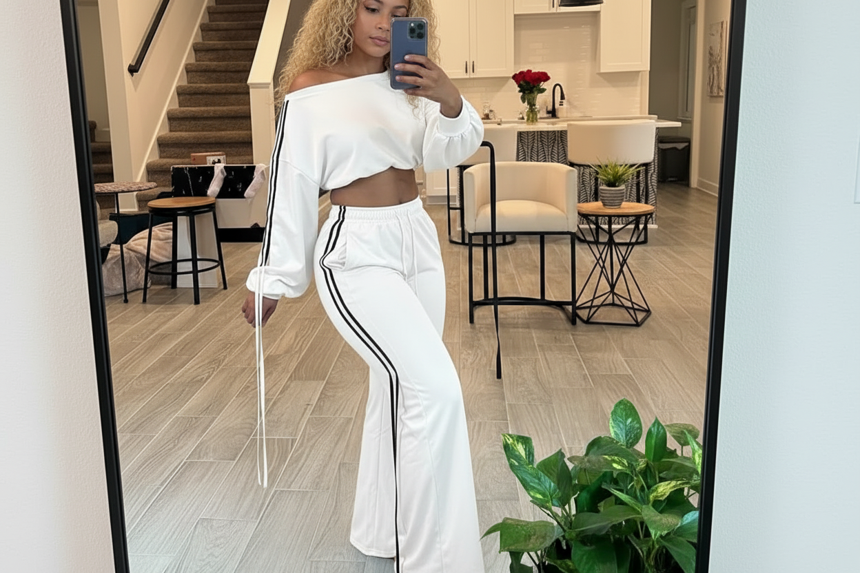White Drop Shoulder Sweater & Drawstring Pants Set