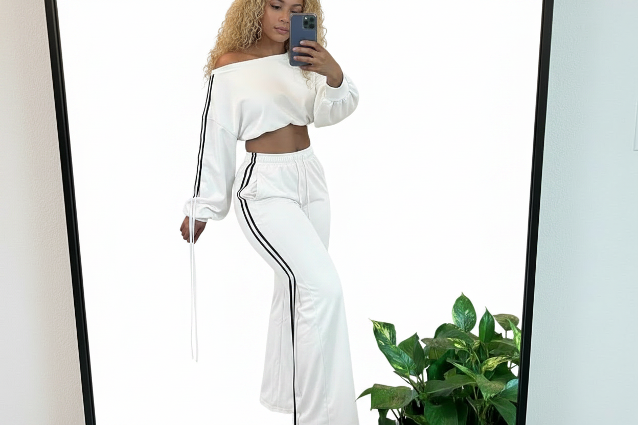 White Drop Shoulder Sweater & Drawstring Pants Set