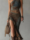 Retro Abstract Print Spliced Long Dress