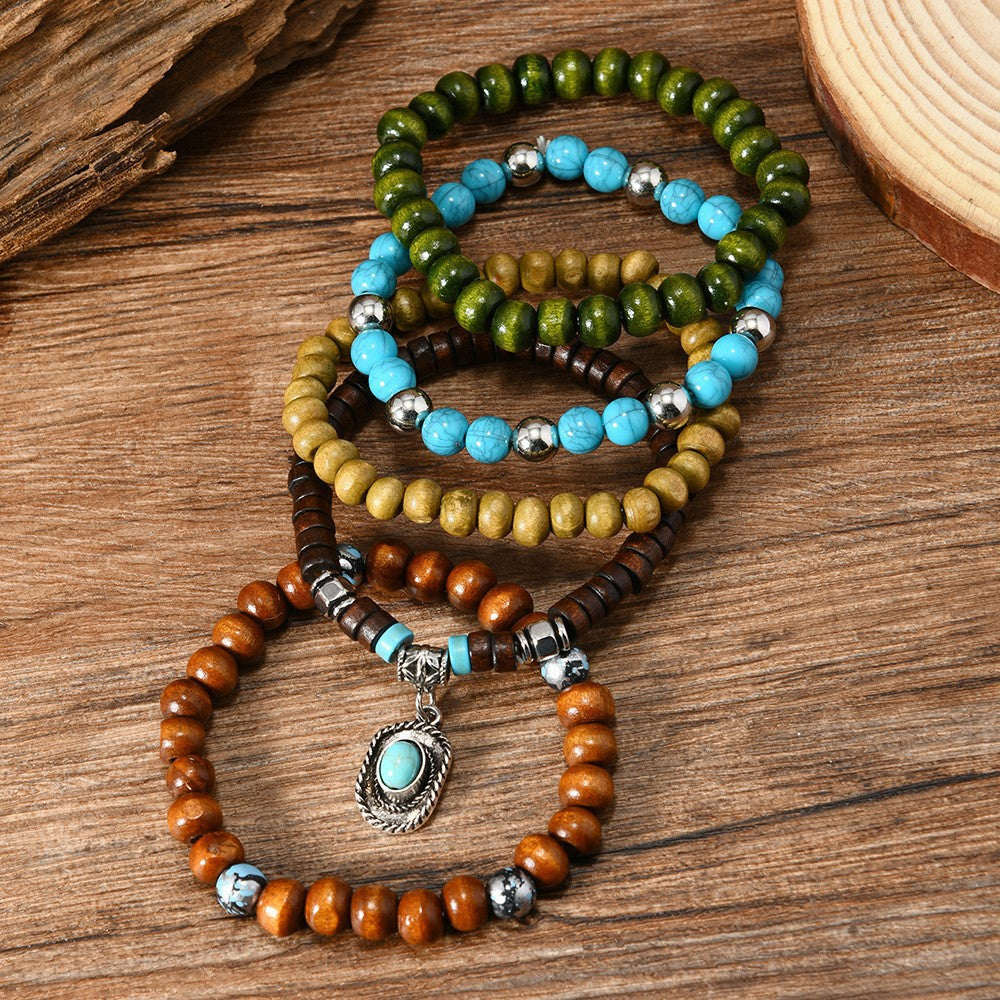 Bohemian Coconut Shell Wood Beads Turquoise Bracelet Set