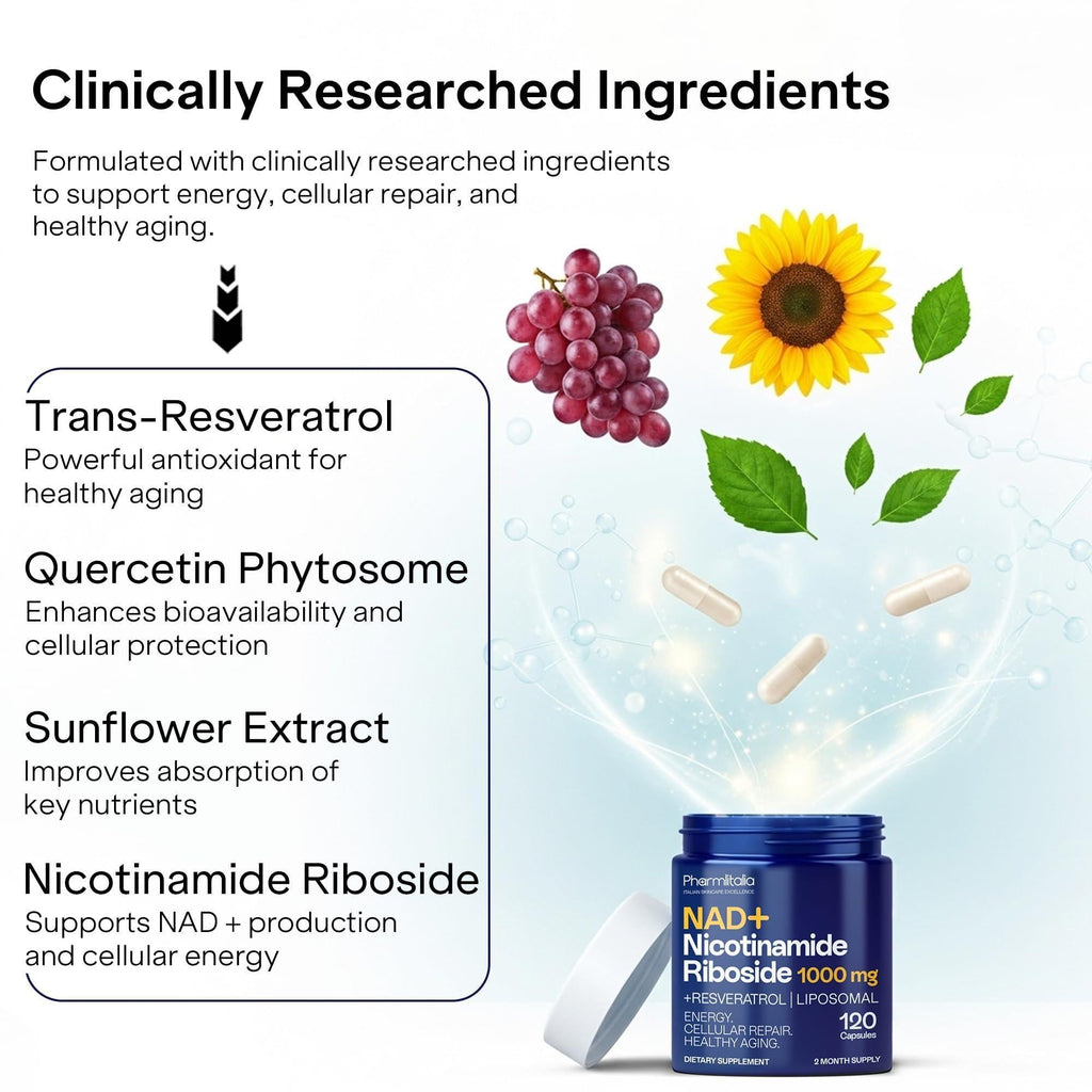 NAD Capsules Resveratrol Liposomal Nicotinamide Riboside Quercetin Vitamin B3 NAD Supplement for Women and Men Anti Aging Boost Focus and Energy Cell Regeneration Supplement 120 Capsules