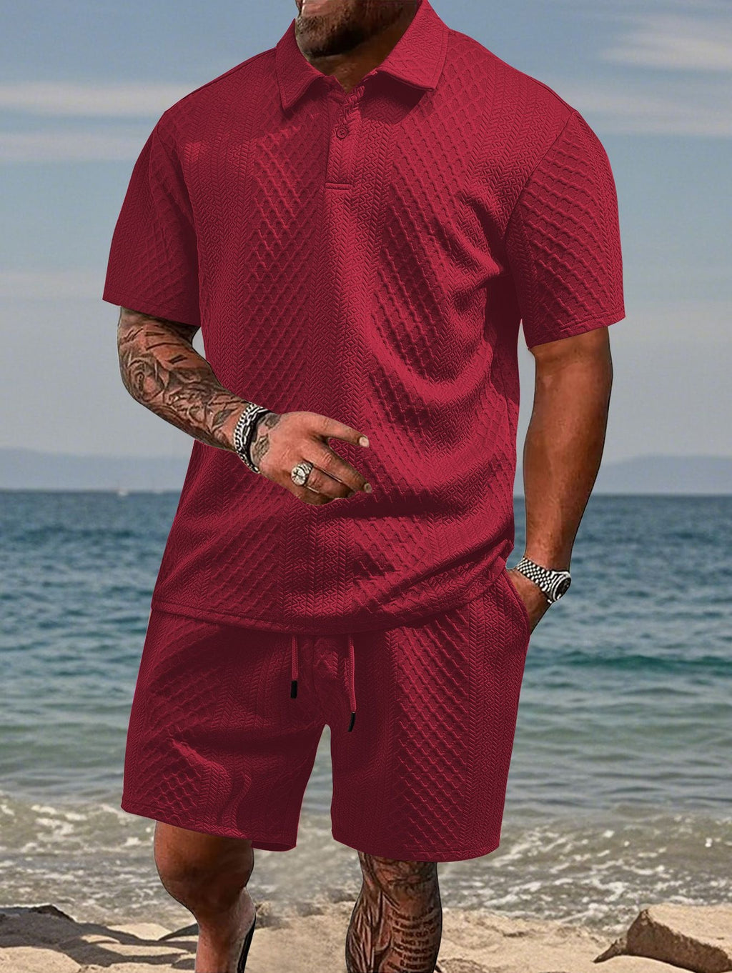 Mens Jacquard Lapel Polo Shirt Shorts Set
