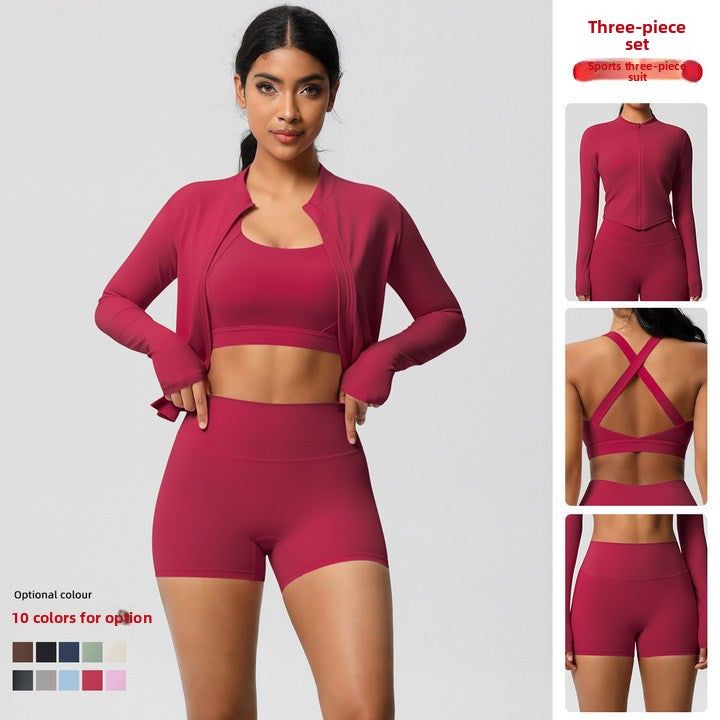A three-piece yoga suit for women