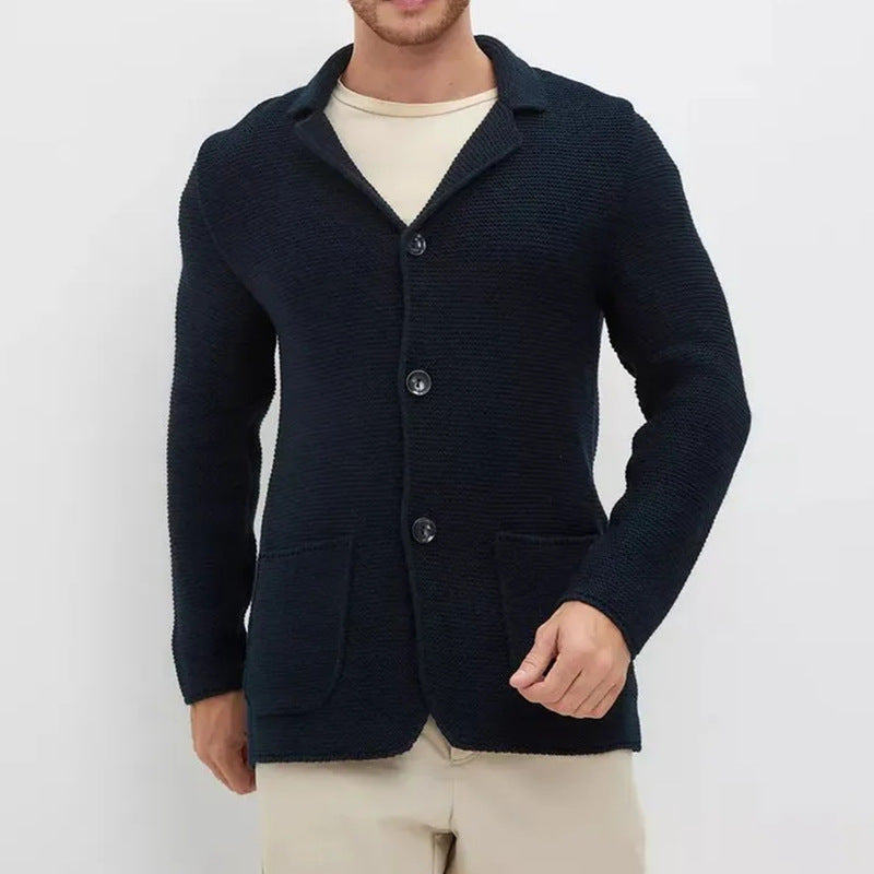 Men Lapel Knit Cardigan Sweater Slim Fit Winter Long Sleeve