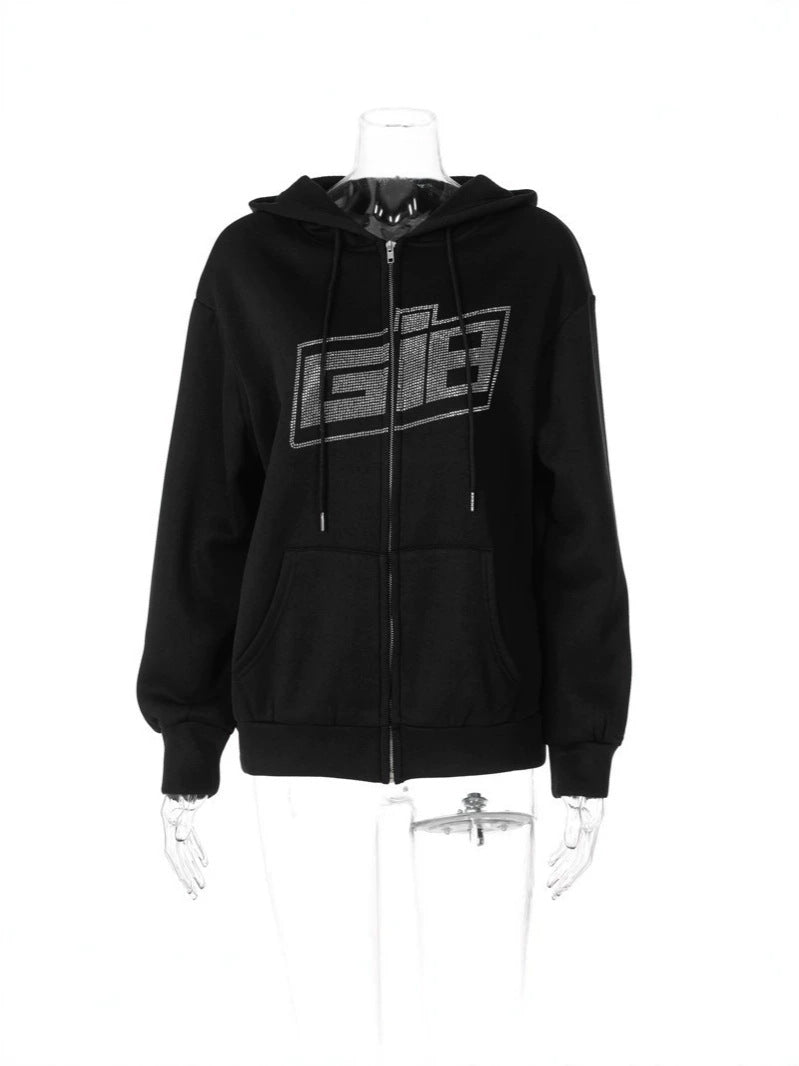 Zip Up Hoodie with Rhinestone Lettering
