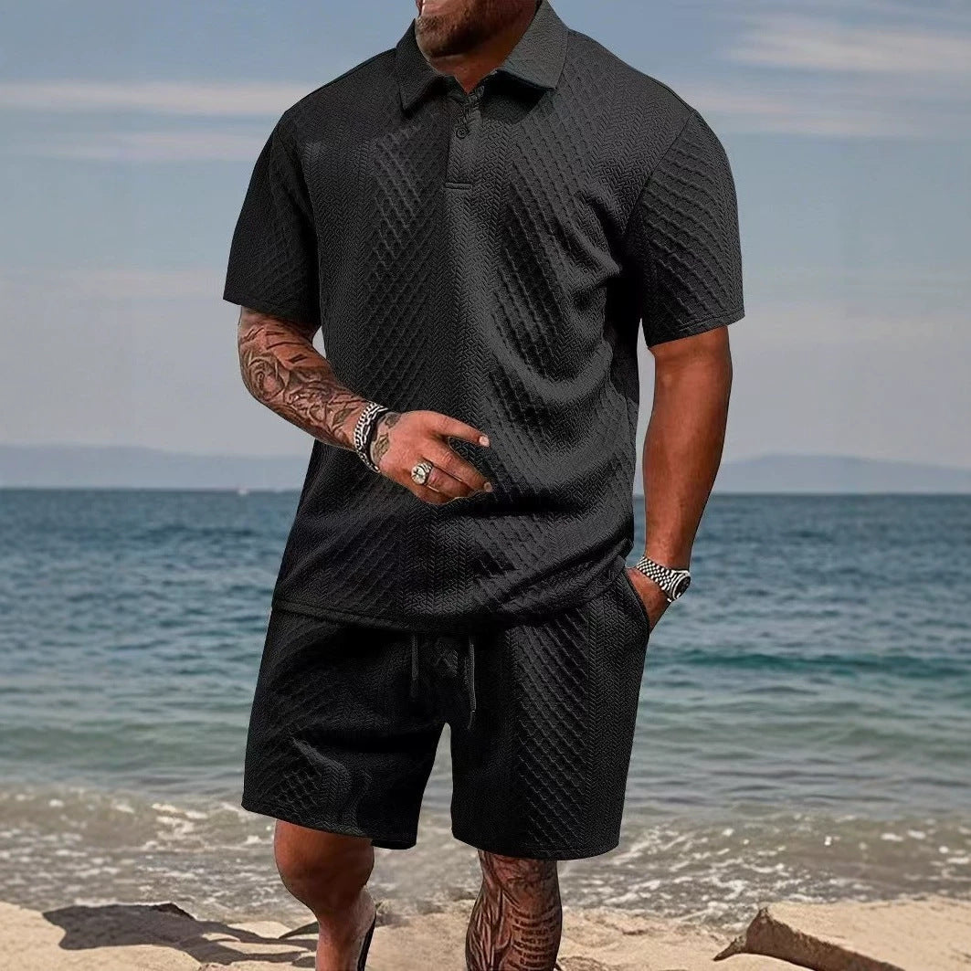 Mens Jacquard Lapel Polo Shirt Shorts Set