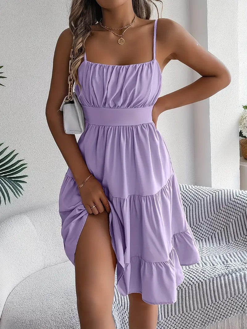 Womens Sleeveless Square Neck Pleated Dress
