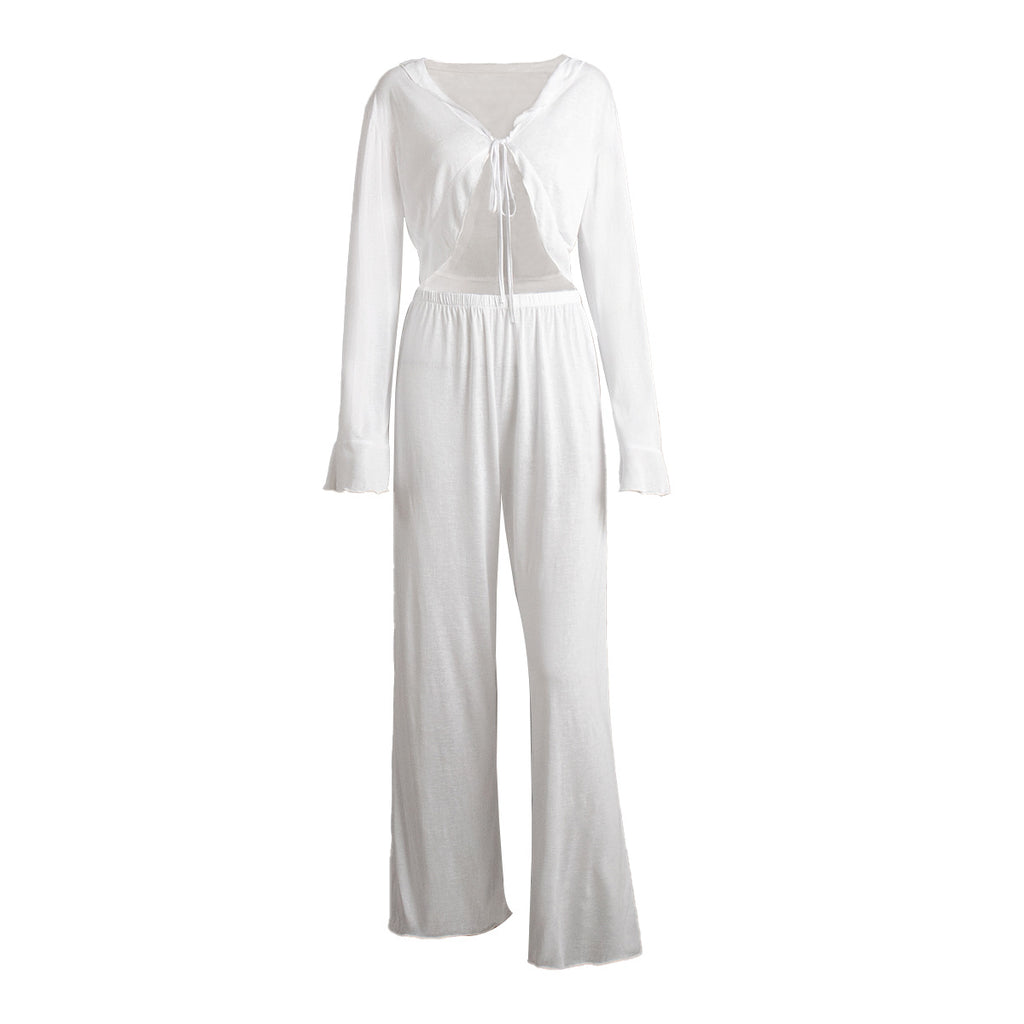 Tie-front long-sleeved long-pants pajamas