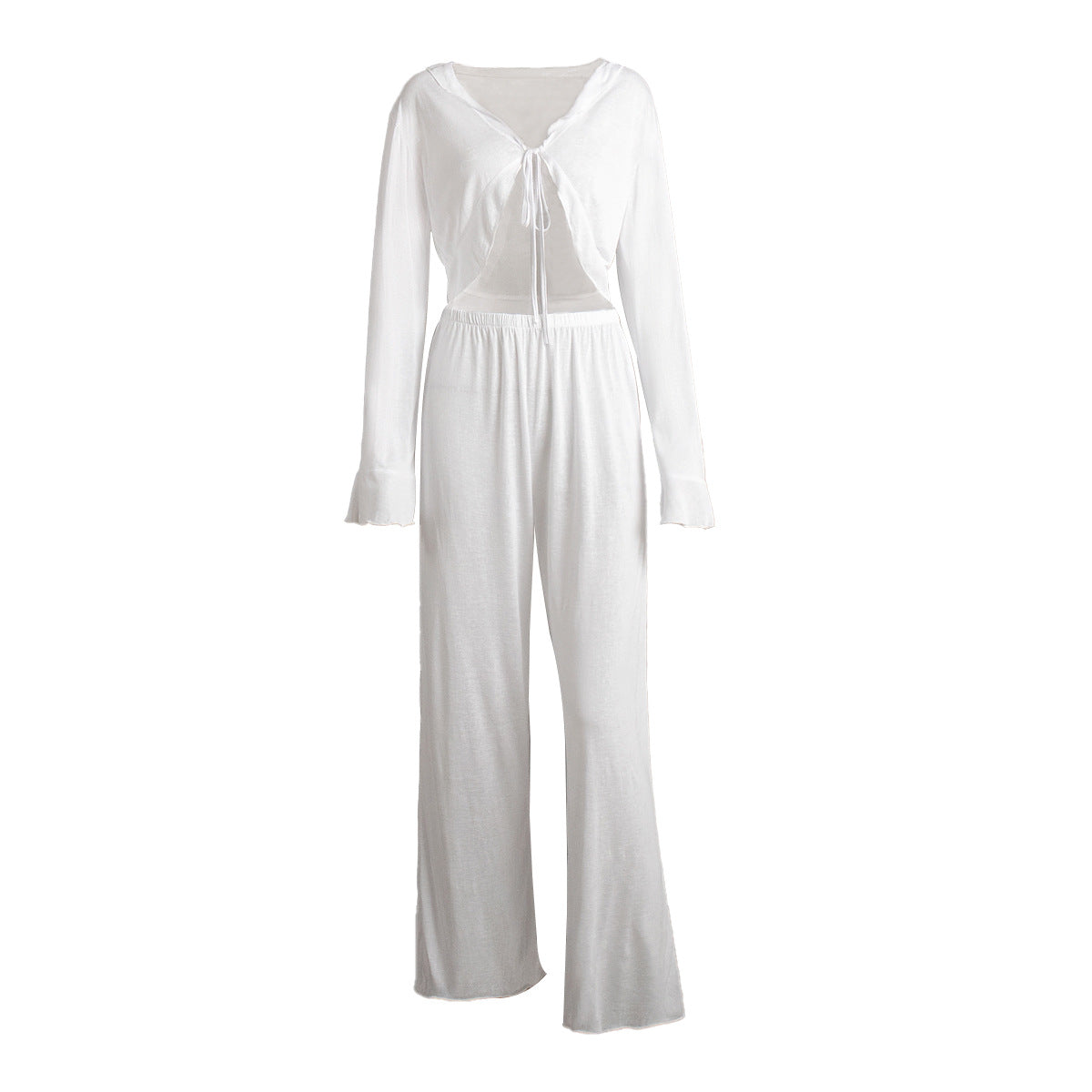 Tie-front long-sleeved long-pants pajamas