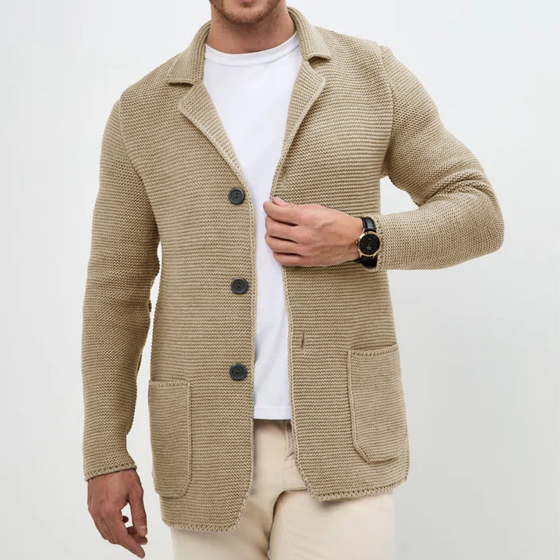 Men Lapel Knit Cardigan Sweater Slim Fit Winter Long Sleeve