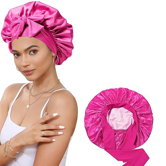Double-Layer Satin Sleep Cap with Ribbon