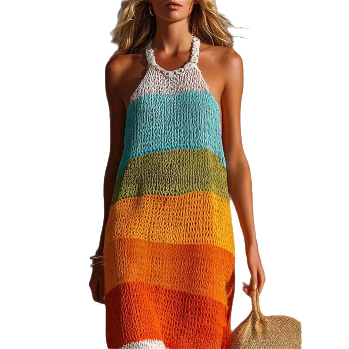 Wide-striped patchwork round-neck sleeveless knitted fitted long dress