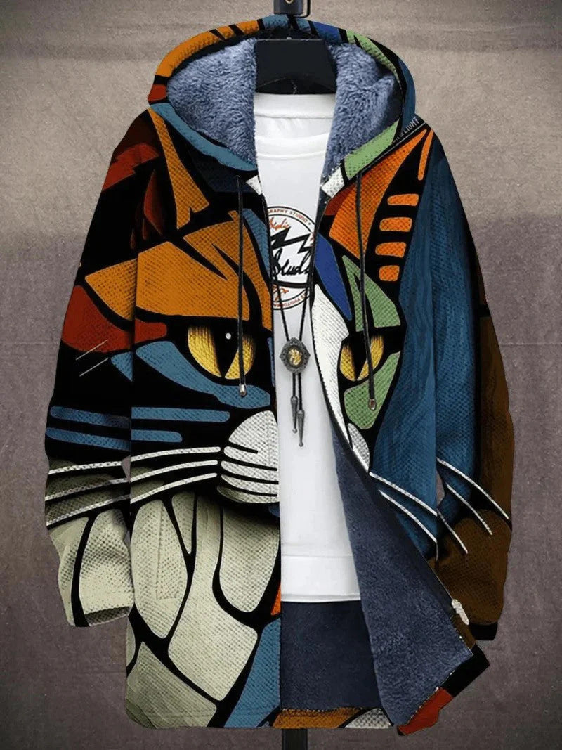 Mens Digital Printing Fleece-Lined Hooded Coat