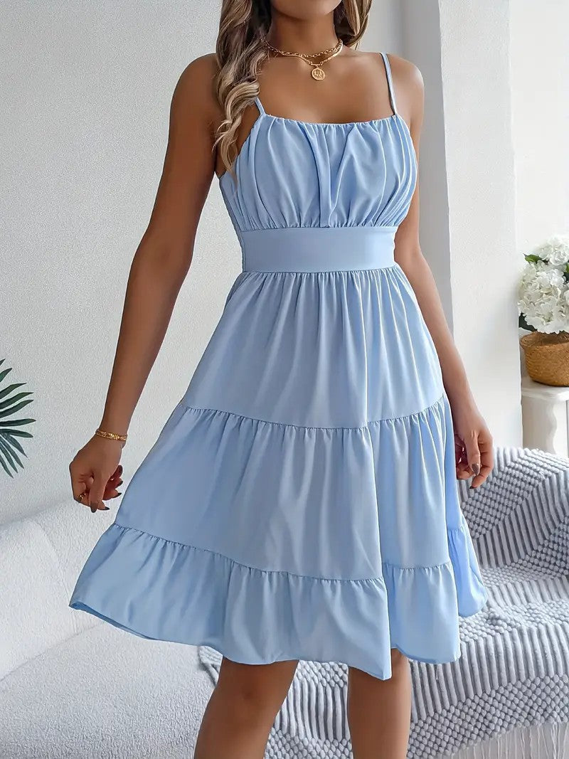 Womens Sleeveless Square Neck Pleated Dress
