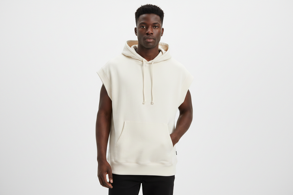 Men's Cropped Sleeved Hoodie - Beige