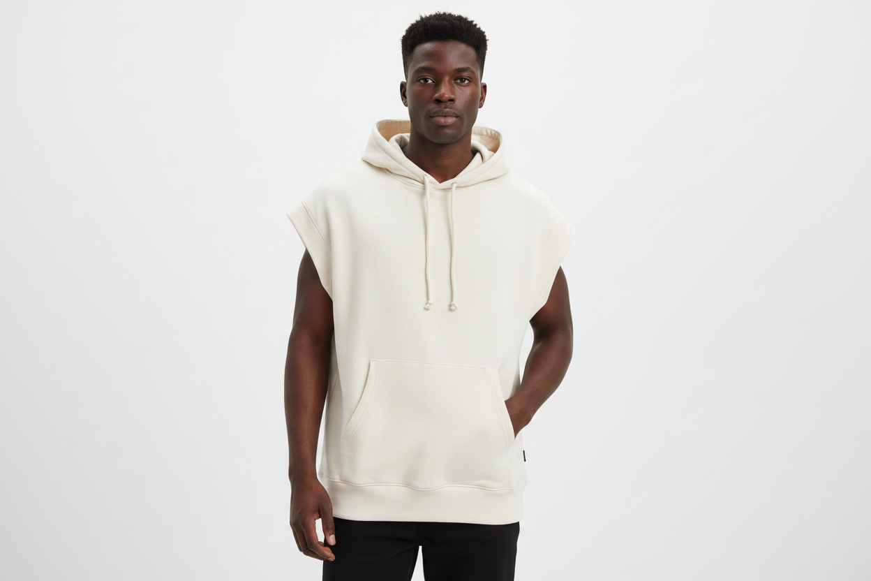 Men's Cropped Sleeved Hoodie - Beige