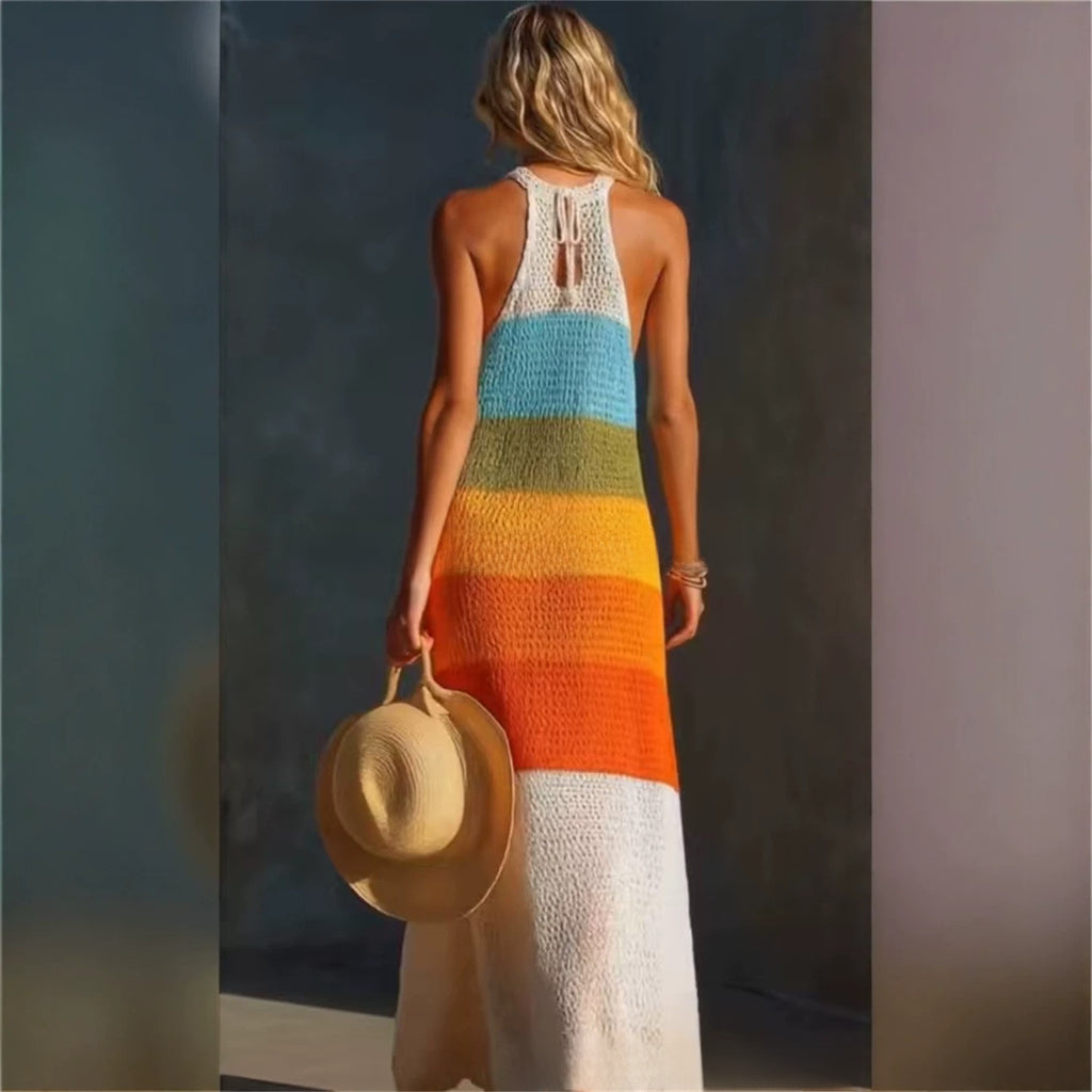 Wide-striped patchwork round-neck sleeveless knitted fitted long dress