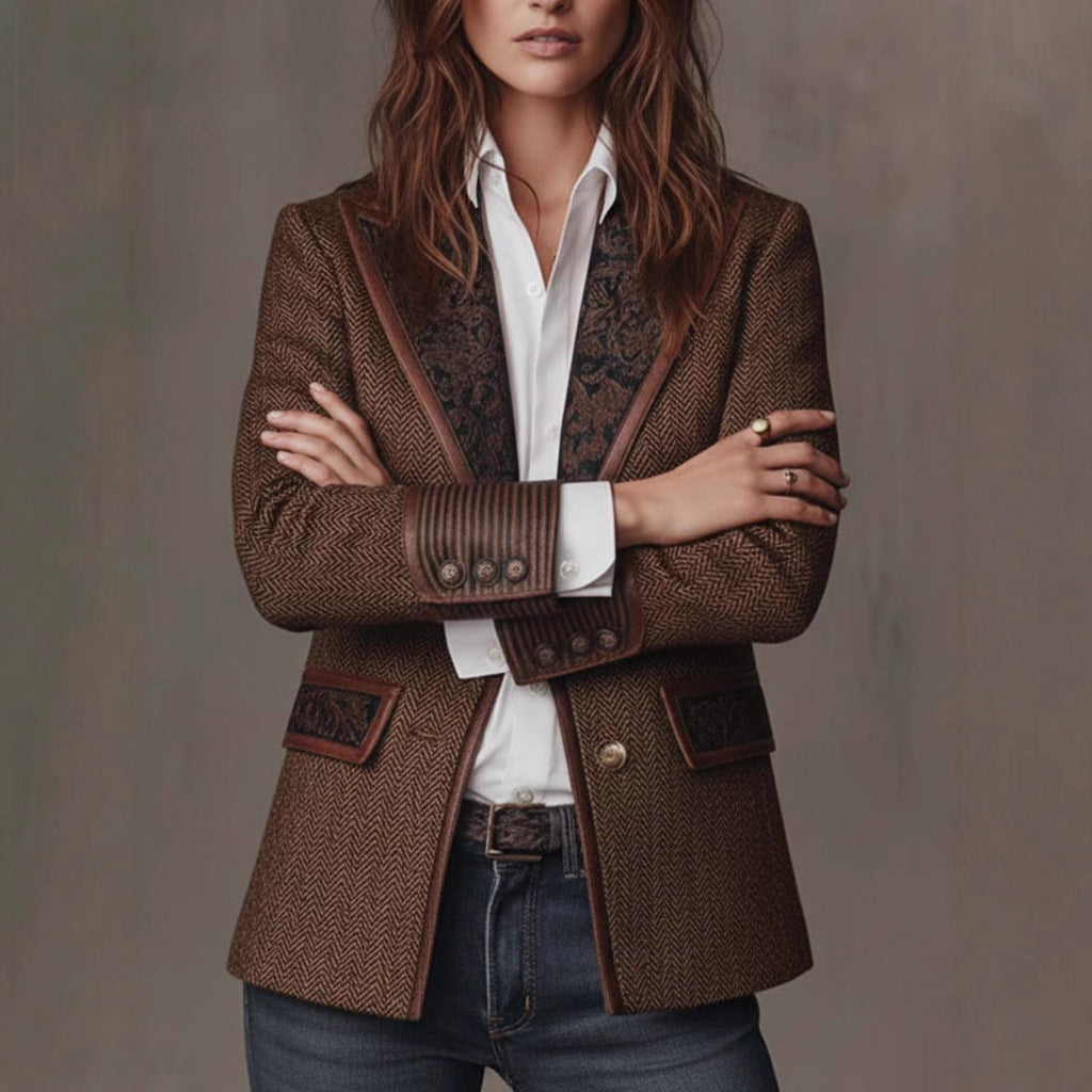 French Retro Contrast Suit Collar Womens Jacket