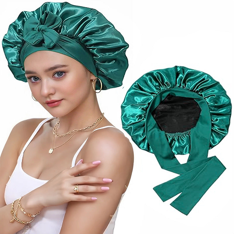 Double-Layer Satin Sleep Cap with Ribbon