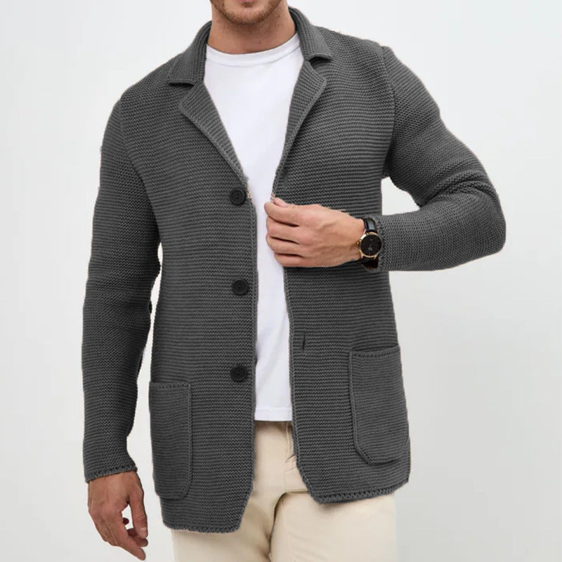 Men Lapel Knit Cardigan Sweater Slim Fit Winter Long Sleeve
