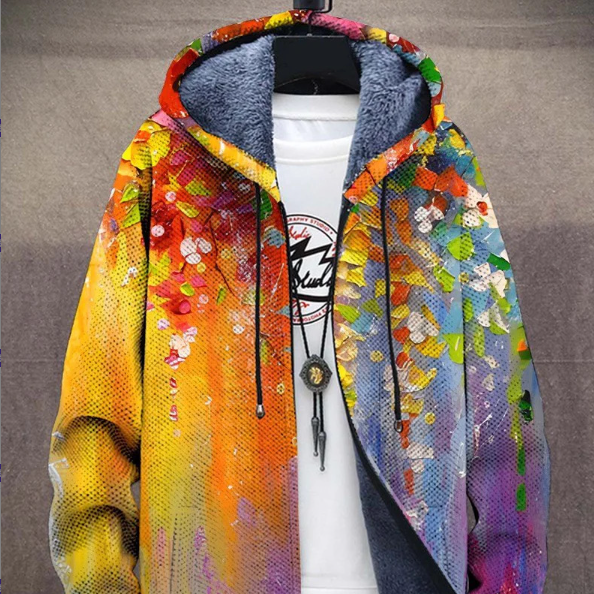 Mens Digital Printing Fleece-Lined Hooded Coat